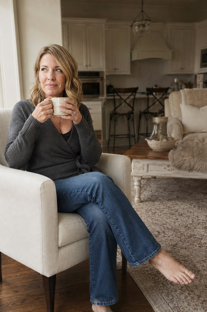 Maureen sitting quietly at home with a cup of coffee